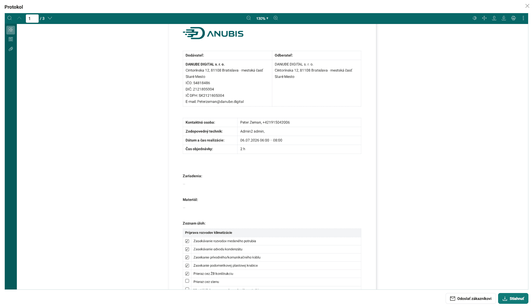 Hotový servisný protokol s logom, vykonanými úkonmi, fotkami a podpisom zákazníka — DANUBIS