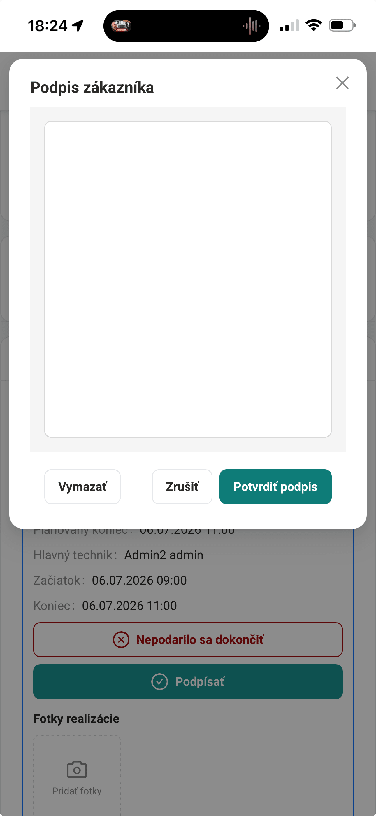 Podpis zákazníka na servisnom protokole v mobilnej aplikácii — DANUBIS